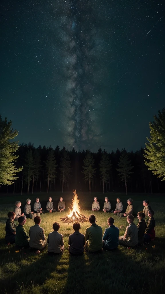 A vast green plain with a family of shepherds. Twelve brothers and their father, Jacob, gathered around a bonfire under the starry sky."Foco: The green landscape and the family.