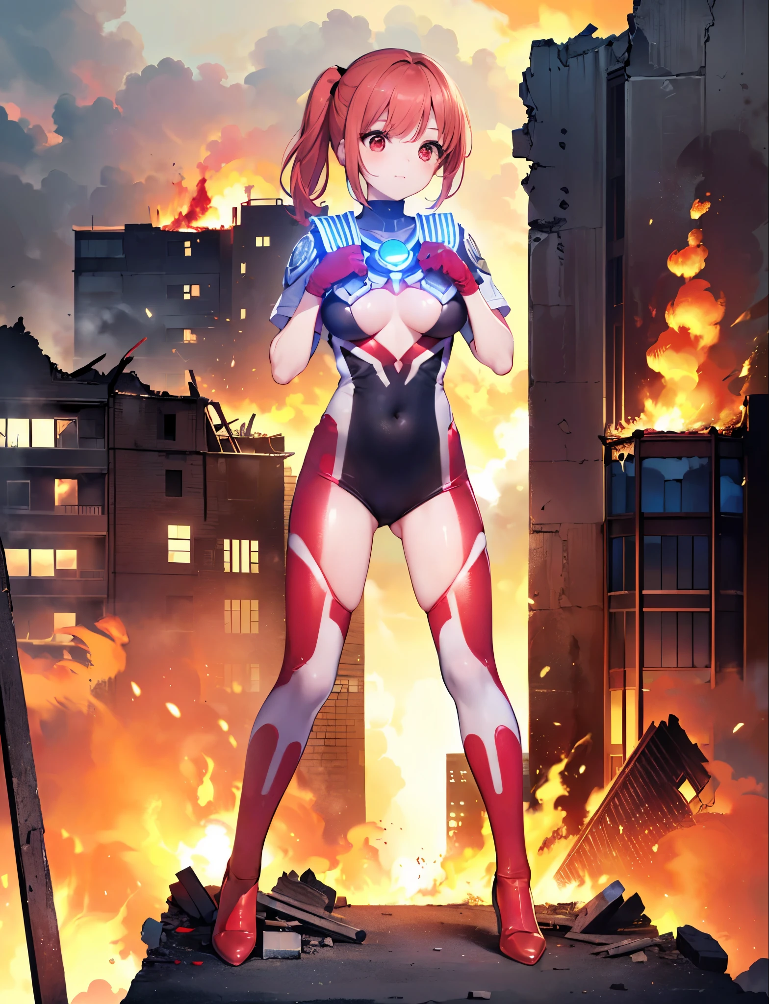 Realistic,highest quality, Ultra Detail, High-quality CG rendering, The most delicate and beautiful, Floating softly, High resolution, (1 giant girl), (Highest quality,4K,8K,masterpiece:1.2),(All red hair:1.5), (Short ponytail:1.5),(Red eyes:1.5), (Ultra Girl:1.0), (Red Ultraman bodysuit:1.4),(Do not expose your skin:1.4),(Slightly larger breasts:1.5),(Clenched Fist:1.2),(Place your hands in front of your chest:1.3),(Red gloves:1.3),(Red Shoes:1.3),(whole body:1.3),(front:1.2),(Are standing:1.3),(A city engulfed in flames:1.3),(Buildings in flames:1.3),(Burning Ruins:1.3)