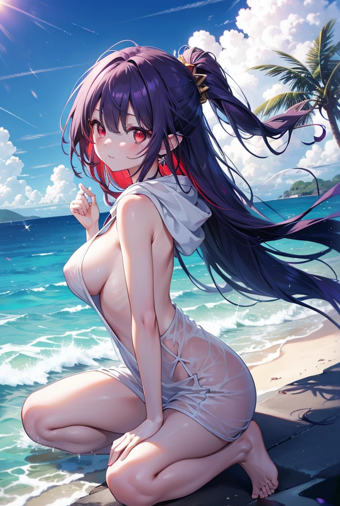 yuukikonno, Yuki Konno, long hair, hair band, pointed ears, purple hair, smile, blush,(red eyes:1.5), (medium breasts:1.2), open your mouth, purple sleeveless hoodie, wearing a hood, bare arms, barefoot, Cute Sandals, Midsummer, Palm tree, daytime, Light of the sun, walking on the sandy beach, 壊す looking at viewer, Upper body, whole body, break outdoors, coastal street, destroy the beach (masterpiece:1.2), highest quality, High resolution, unity 8k wallpaper, (figure:0.8), (detailed and beautiful eyes:1.6), highly detailed face, perfect lighting, Very detailed CG, (perfect hands, perfect anatomy), 1girl, 18 year old female, anime style, ultra realistic, high detail, sexy pose, sexy, beautiful, exposed skin, slender, skinny, bare breast, exposed breast, breast, nipples, nude, nudity, absurdres, high res, ultrasharp, 8K, UHD, retina, masterpiece, accurate, anatomically correct, perfect anatomy, textured skin, super detail, high details, high quality, award winning, best quality, high res, looking at viewer, detailed eyes, four fingers and one thumb per hand, perfect hands, perfect finger, two arms only, no clothes, revealing
