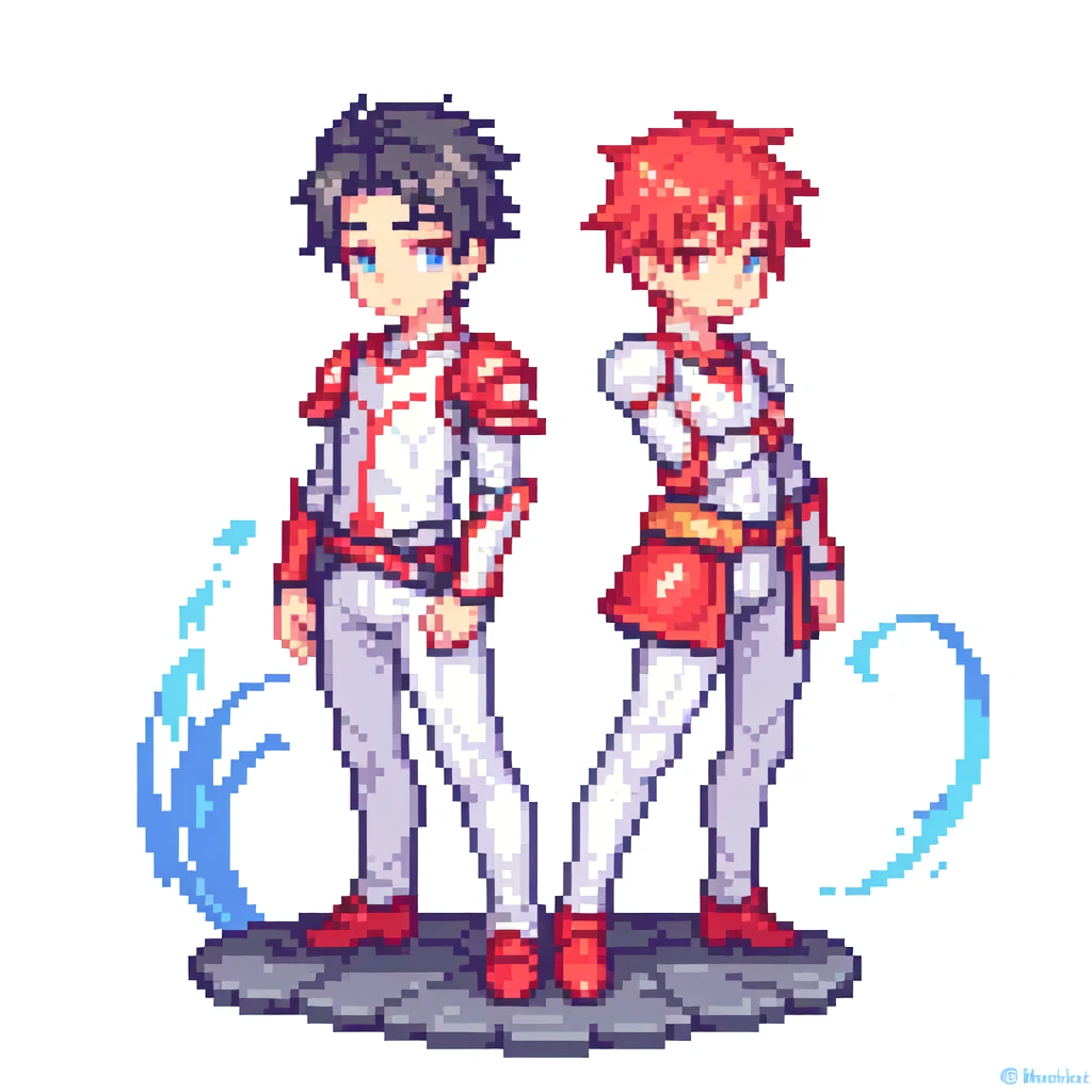 masterpiece , best quality , pixel art , 1 boy , fantasy clothes , full body , white background , hero , two-head figure , deformed , 128*128 dot picture , junior , red armour