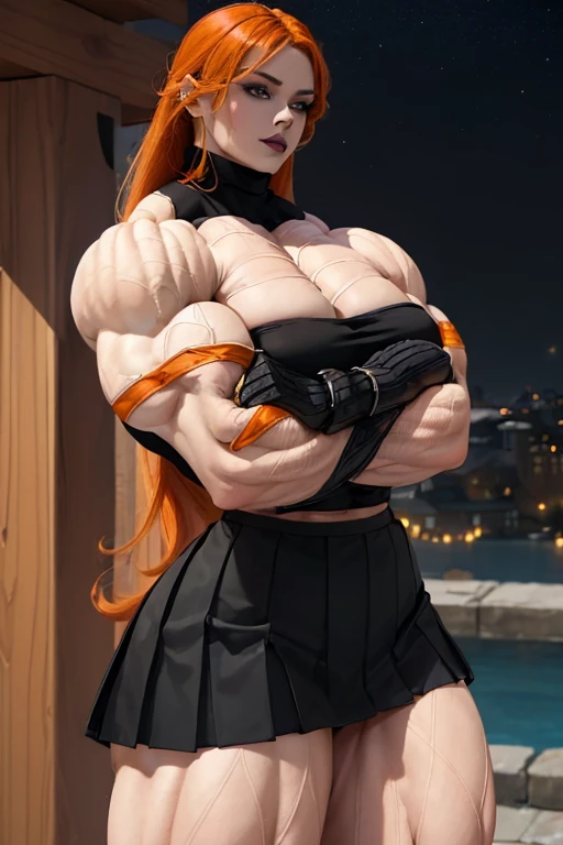 (((((Massive, beautiful, buff, pale white skinned muscular woman with orange hair, black lipstick, ginormous bulky muscles and wearing a beautiful black long-sleeved turtleneck sweater with black pleated skirt))))), (close view), (massive muscles), hyper muscles, long shaggy hair, ((chained belt)), green eyes, choker, ((black long-sleeved turtleneck sweater)), (beautiful pleated skirt), belt, black boots, (in the Star beautiful village), closed smile, night, ginormous muscles