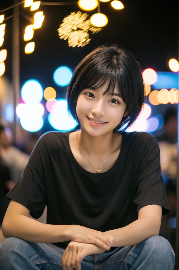 Portraiture, 8k, high quality, Realistic Photographic Images, , Japanese women, Neat, small, Natural and realistic eyes, Beautiful black hair, short hair, light makeup, Octane Rendering, Beautiful lighting, Golden ratio composition, smile, Casual wear, Casual clothing, Natural background, Blurred Background、T-Shirts、summer、night、firework、