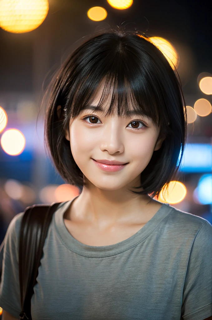 Portraiture, 8k, high quality, Realistic Photographic Images, 17 years old, Japanese women, Neat, small, Natural and realistic eyes, Beautiful black hair, short hair, light makeup, Octane Rendering, Beautiful lighting, Golden ratio composition, smile, Casual wear, Casual clothing, Natural background, Blurred Background、T-Shirts、summer、night、firework、