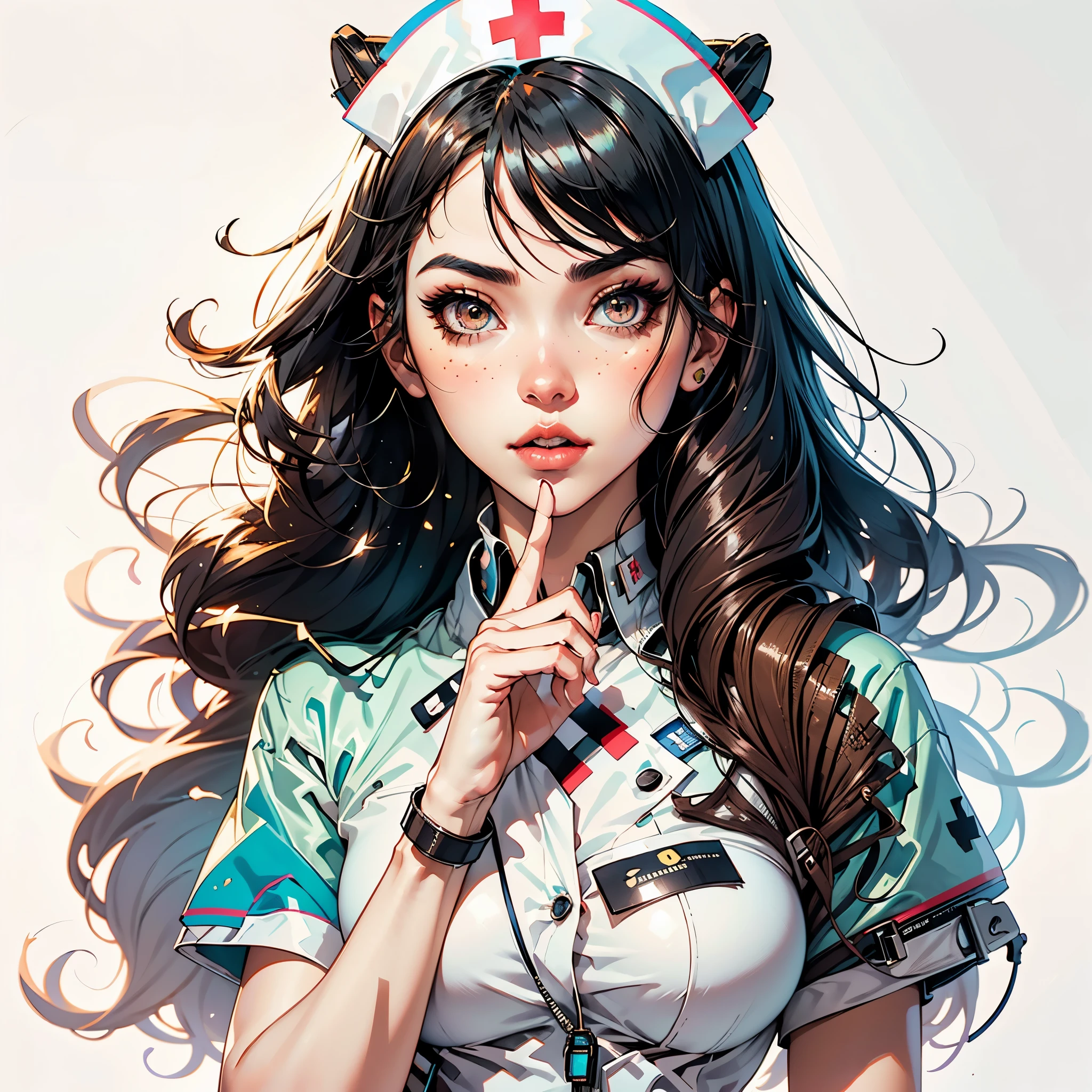 Anime girl with long hair and a nurse's uniform putting her finger to her lips, nurse girl, Artgerm. Anime illustration, ! dream artgerm, Modelo IG | Artgerm, :: RossDrew, enfermera, Estilo Artgerm, Artgerm extremadamente detallado, Como Artgerm, Lindo arte digital detallado, Obras de arte al estilo de Guweiz
