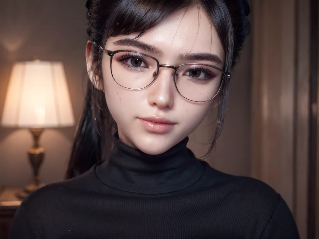 Masterpiece, portrait face, eve, stellar blade, fringe hair , ponytail hair, black turtleneck shirt, oiled skin , wet hair, posing , (light brown eyes), (medium closed smile), ((blushing cheeks)), woman looking camera, Woman with rectangular magnifying glasses with red frames, pink eyelid makeup