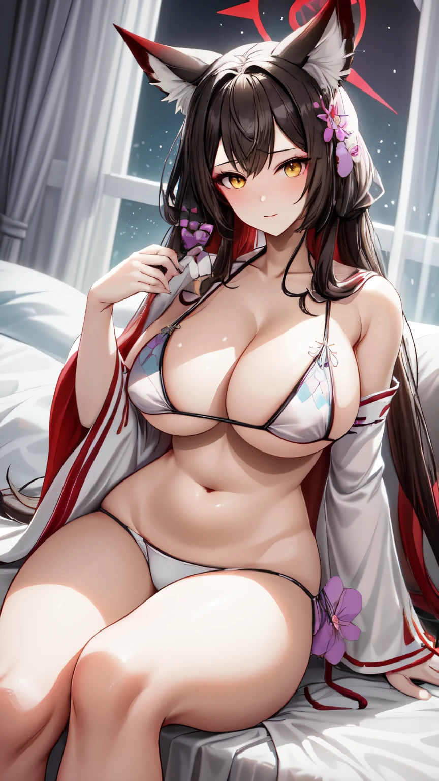 best quality, masterpiece, highres, solo, 1girl, 20years,yellow eyes, fox girl, kitzune,(wakamo_bluearchive:1.10), (white bikini:1.35), (wide sleeves:1.20), sexy "Indulge in perfection as you behold  peacefully resting on a high-quality bed, adorned in a beautiful nightgown, with flawless anatomy, while the gentle moonlight through the window adds a touch of magic to this stunning 4K image, free from any distortions that may detract from her beauty."