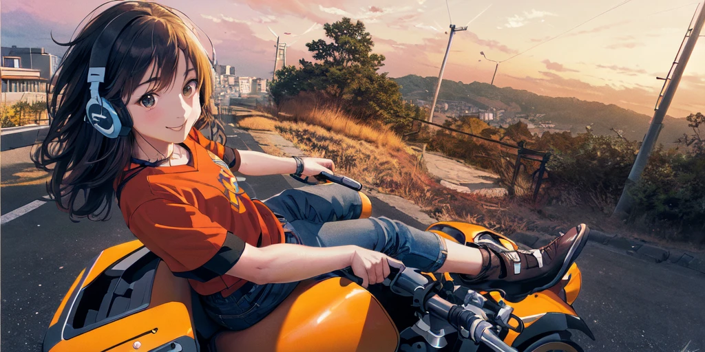 (High resolution, Best Quality, Masterpiece:1.2), (Realistic illustrations), Lo-fi Hip Hop, flat, 2.5D, Line art, Gouache color, Studio Ghibli style, Great colorful, Relaxed girl listening to music with headset, smile, はにかんだsmile, 80s city night view, Riding a motorcycle