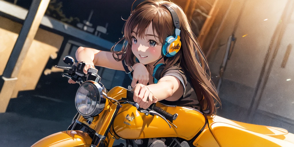 (High resolution, Best Quality, Masterpiece:1.2), (Realistic illustrations), Lo-fi Hip Hop, flat, 2.5D, Line art, Gouache color, Studio Ghibli style, Great colorful, Relaxed girl listening to music with headset, smile, はにかんだsmile, 80s city night view, Riding a motorcycle