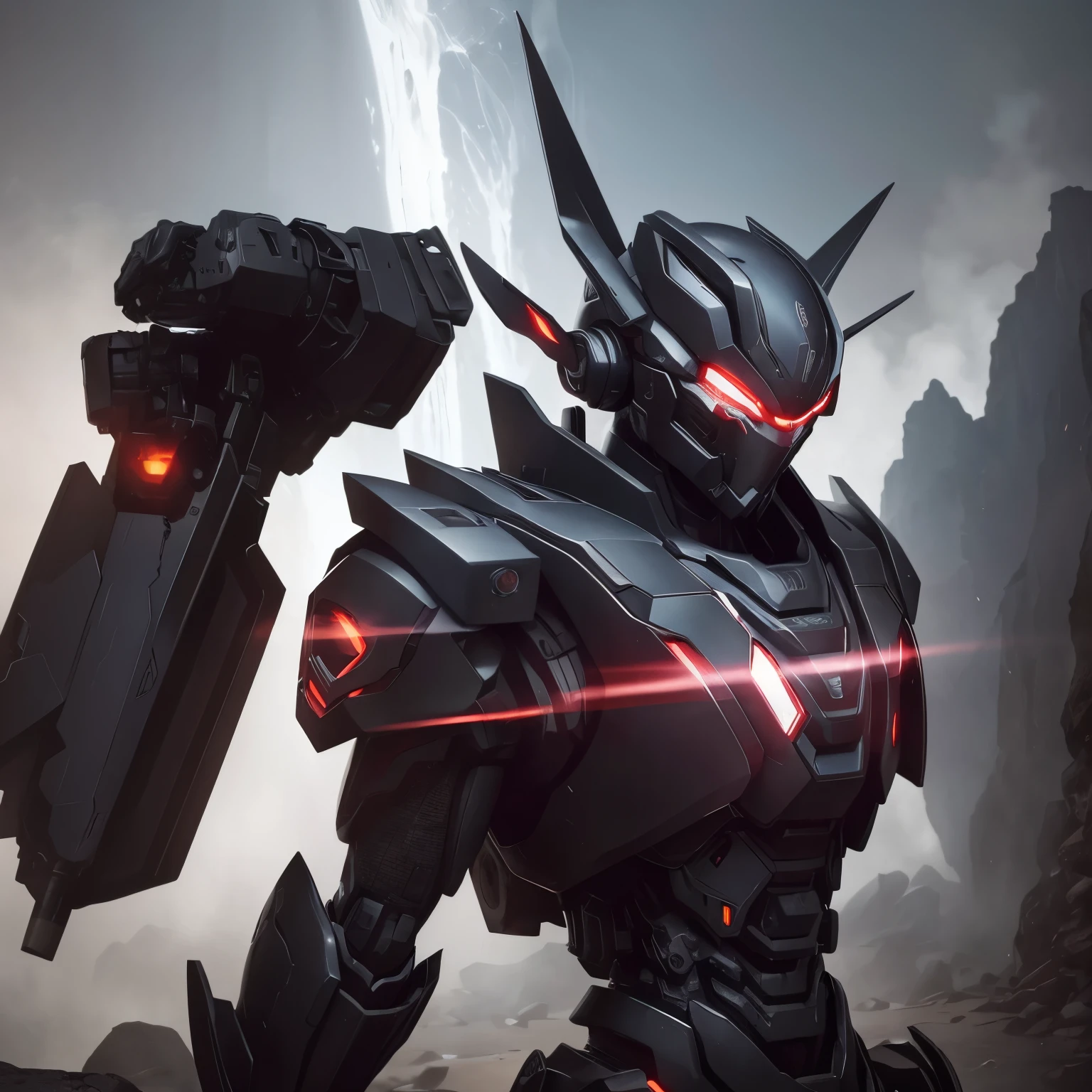 um samurai mecha de olhos roxos purpura, ethereal and mecha theme, black octane rendering, aesthetic lock, realistica wick aesthetic, armored core style fuse, Incredibly detailed octane rendering, mecha preto, mecha robot details, 8k octanas renderizadas, fundo uma cachoeira, o personagem esta meditando em uma caverna que fica atras desta cachoeira, the environment is dark but well lit, the character displays many details in addition to his hands making signs of meditation, o personagem esta meditando em uma caverna atras de uma cachoeira

