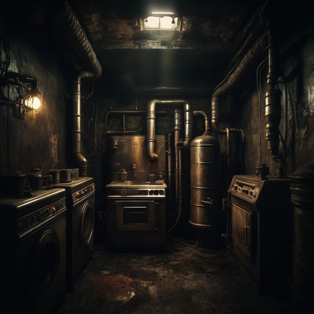 horror creepy boiler room,  hyper realistic, horror, dark background, dark atmosphere, horror lighting, detailed, cinematic lighting, chiaroscuro atmosphere