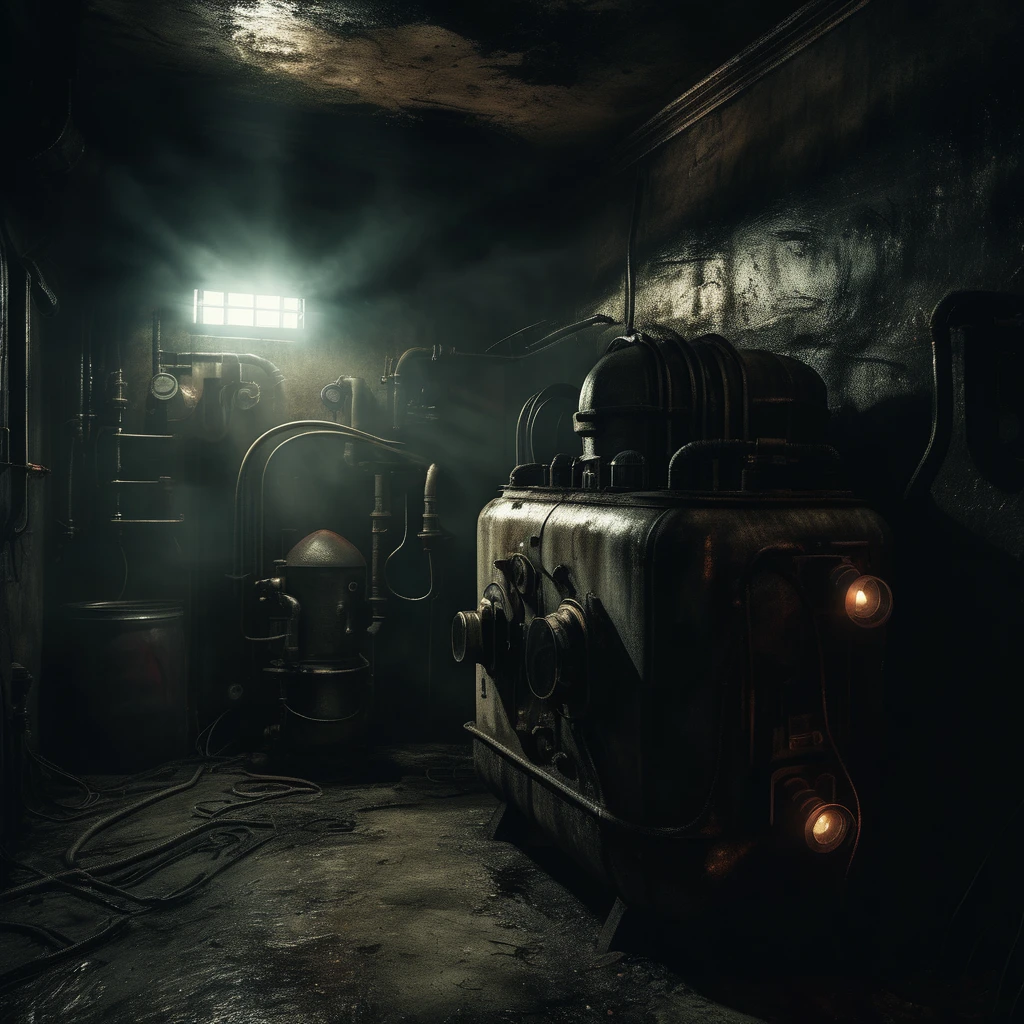 horror creepy boiler room,  hyper realistic, horror, dark background, dark atmosphere, horror lighting, detailed, cinematic lighting, chiaroscuro atmosphere