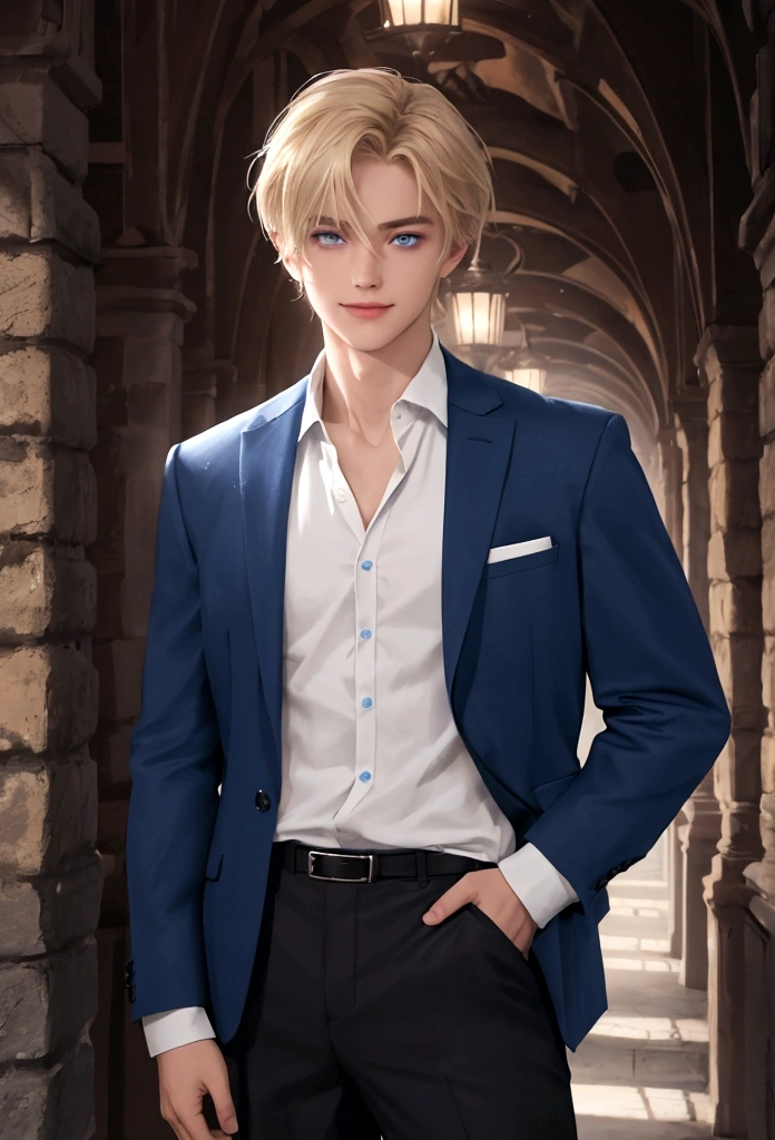 A 17 year old teenager
boy with short, tousled blond hair and striking blue eyes, exuding an air of calm confidence. His features are finely chiseled, with a warm, friendly smile that highlights his compassionate nature. He is dressed in a neat, practical outfit suitable for a magical school, including a dark, fitted jacket and trousers with subtle, glowing runes etched into the fabric. His stance is relaxed yet ready, suggesting both strength and approachability. The background features the ancient, arcane hallways of a magical school, with stone walls and shimmering mystical symbols.