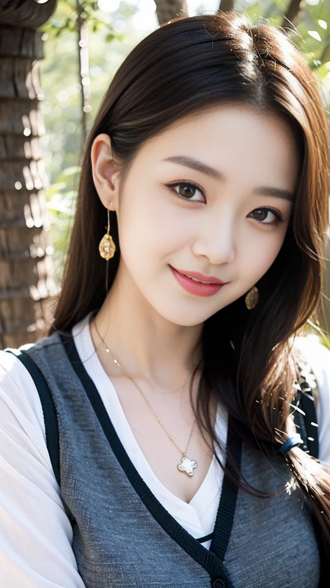 Close-up of beautiful Korean woman, 36 inch chest size, Smile, Wearing a patterned vest, necklace,(A girl in the forest),