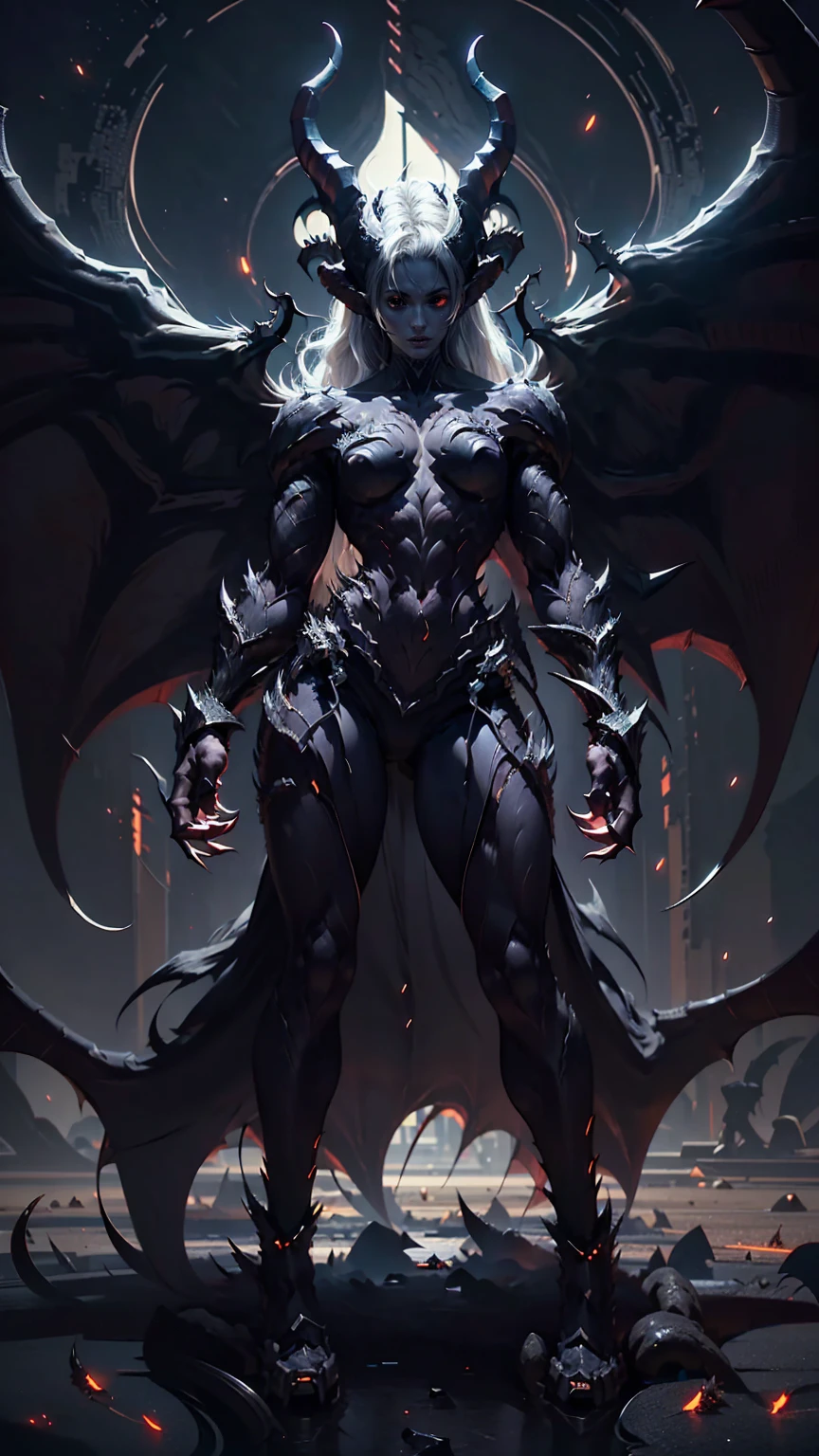 (megan fox), ((((((1 muscular demon girl)))))), (((huge upper body))), long hair, ((((huge demon wings))), (((pale skin))), (((sharp teeth, Huge horns, large nails))), navel, ((((full body front view)))), (((perfect hands, perfect fingers))), (((black empty background)))