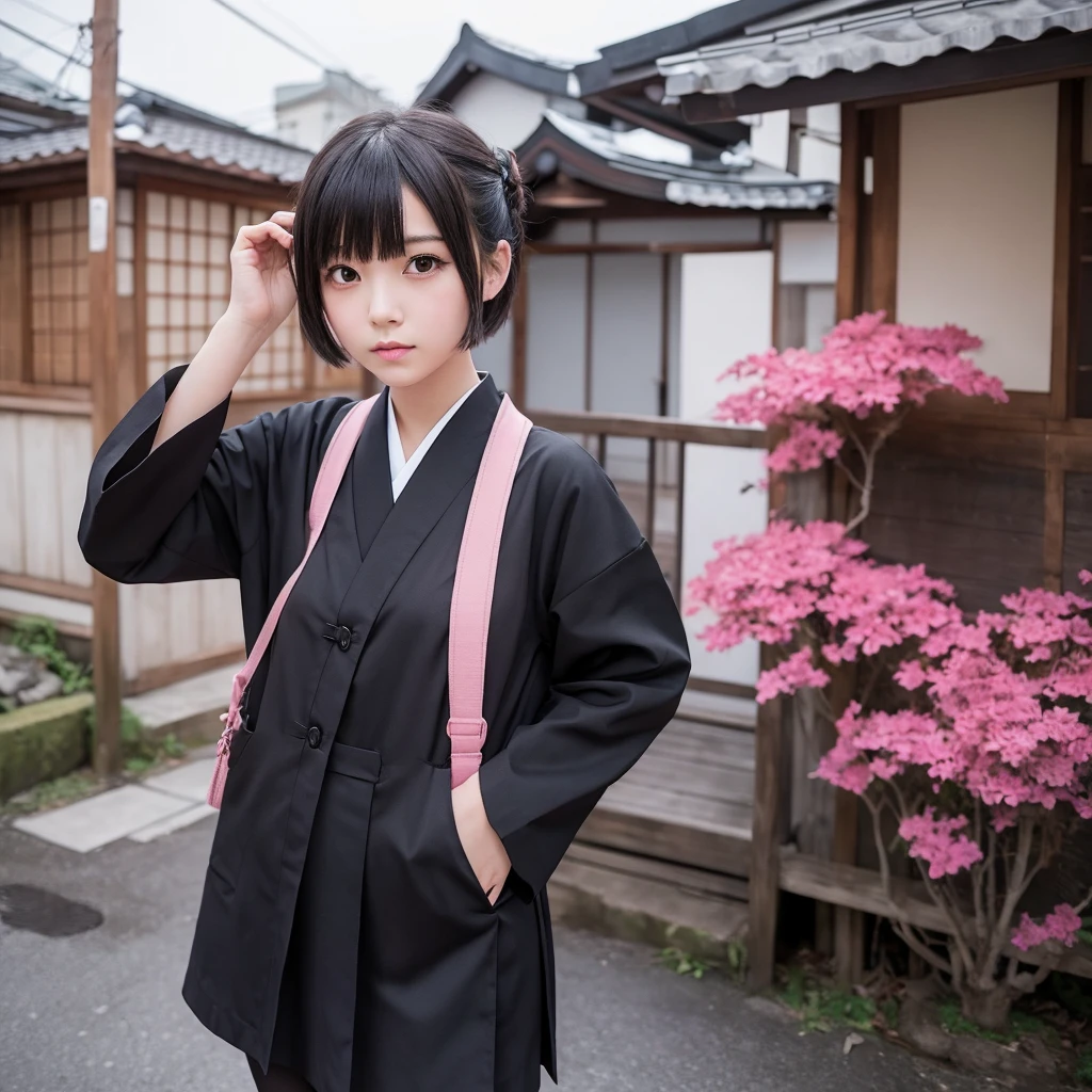 Please draw a girl with short pink hair wearing black tights and a Japanese uniform in an anime style.