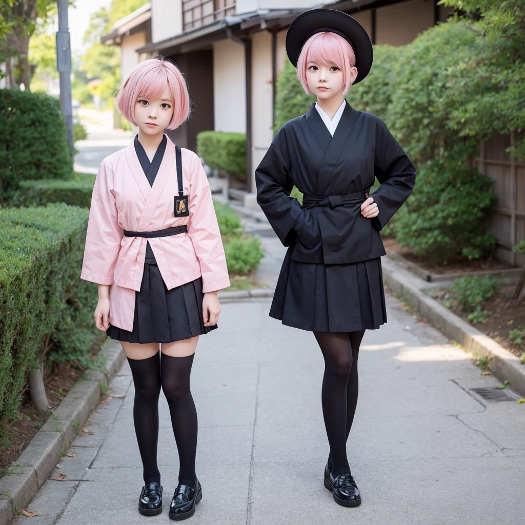 Please draw a girl with short pink hair wearing black tights and a Japanese uniform in an anime style.