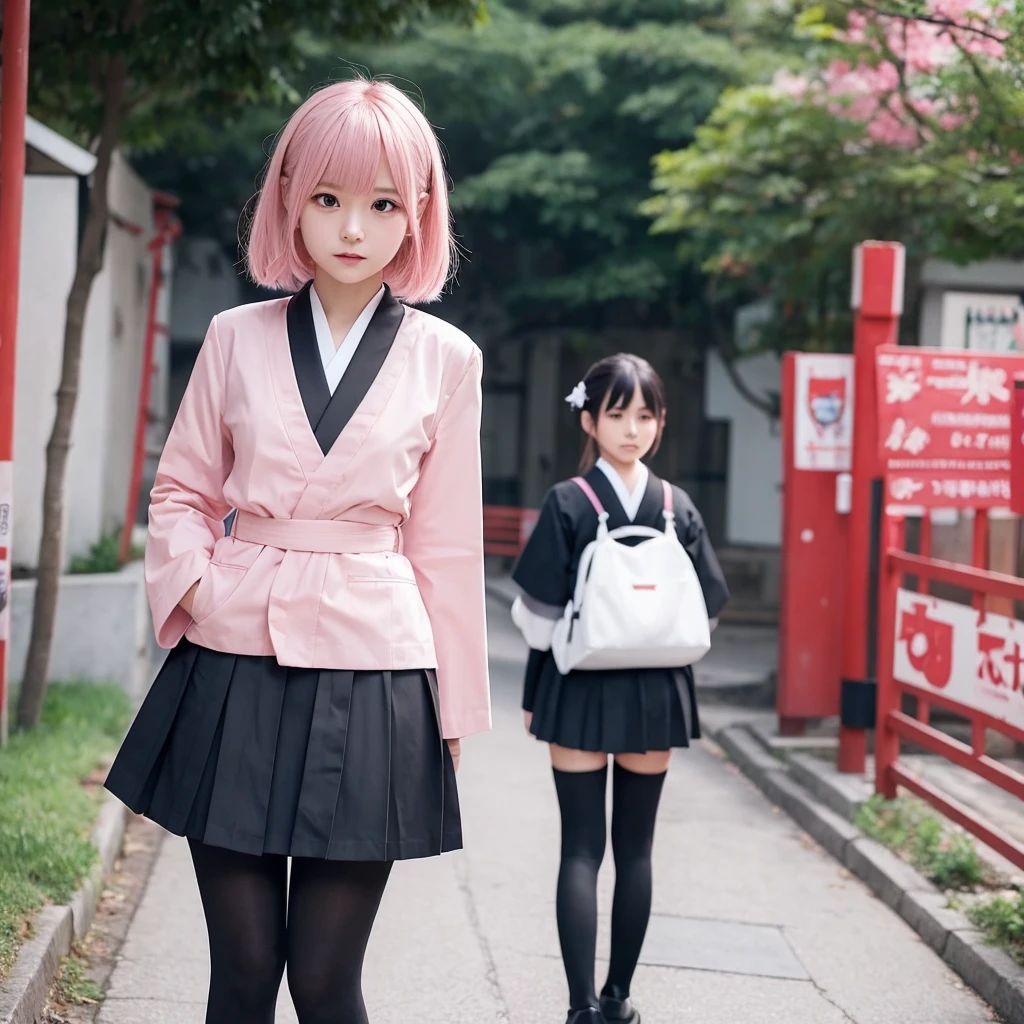 Please draw a girl with short pink hair wearing black tights and a Japanese uniform in an anime style.