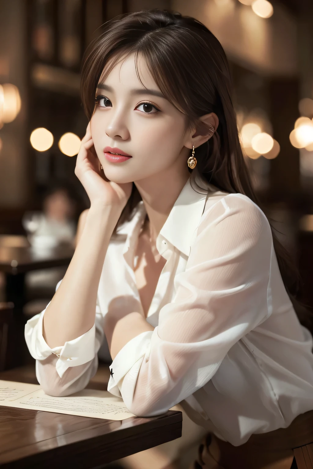 masterpiece, highest quality, Realistic, Very detailed, Finer details, High resolution, 8k wallpaper, One beautiful woman, Wear an elegant see-through shirt, In a great restaurant, At night, Light brown messy hair, Perfect dynamic composition, Beautiful and beautiful eyes、Big earrings、Sitting in a chair、