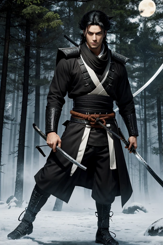 A big, tall and strong, handsome young man, with long black and white hair,a scar that crosses his eye,  and another scar on the nose bridge, samurai, with two katanas on his belt,  and long white scarf, black samurai clothing, Standing in a forest during an Eclipse. Demon art slayer style 
Kimetsu No Yaiba art style character
