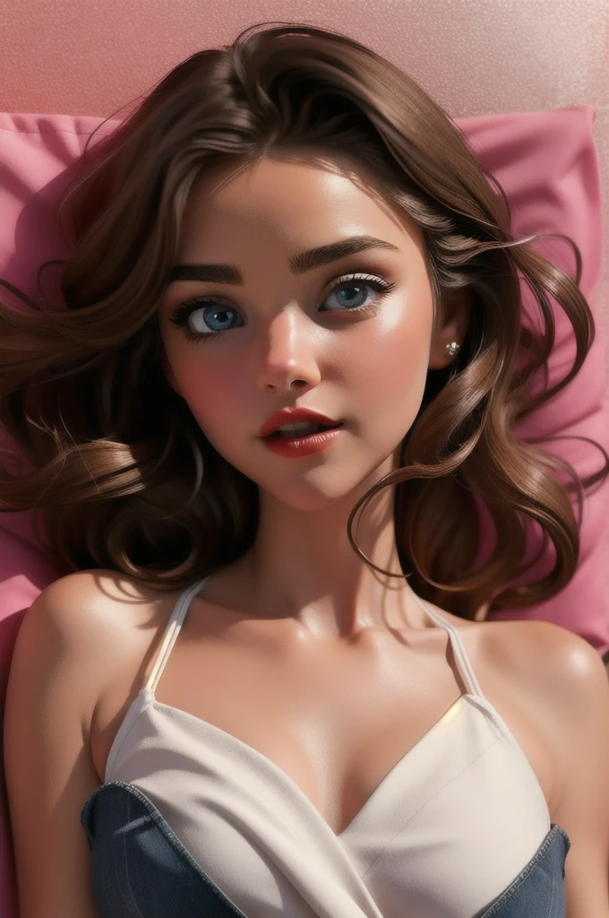 A German woman, long blonde hair, wearing a shoulder blouse tops, red lips, pink background, aerial view, girl lying down, close up,(Miranda Kerr:1.1), (blue eyes, curly black hair), intricate details, cinematic, shock