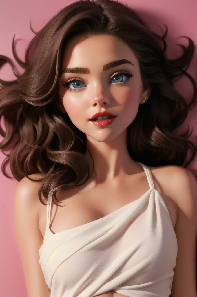 A German woman, long blonde hair, wearing a shoulder blouse tops, red lips, pink background, aerial view, girl lying down, close up,(Miranda Kerr:1.1), (blue eyes, curly black hair), intricate details, cinematic, shock