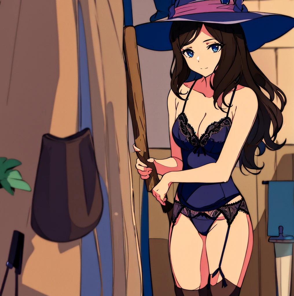 a woman is standing in a bathroom wearing a hat and holding a broom in one hand with witch hat lingerie