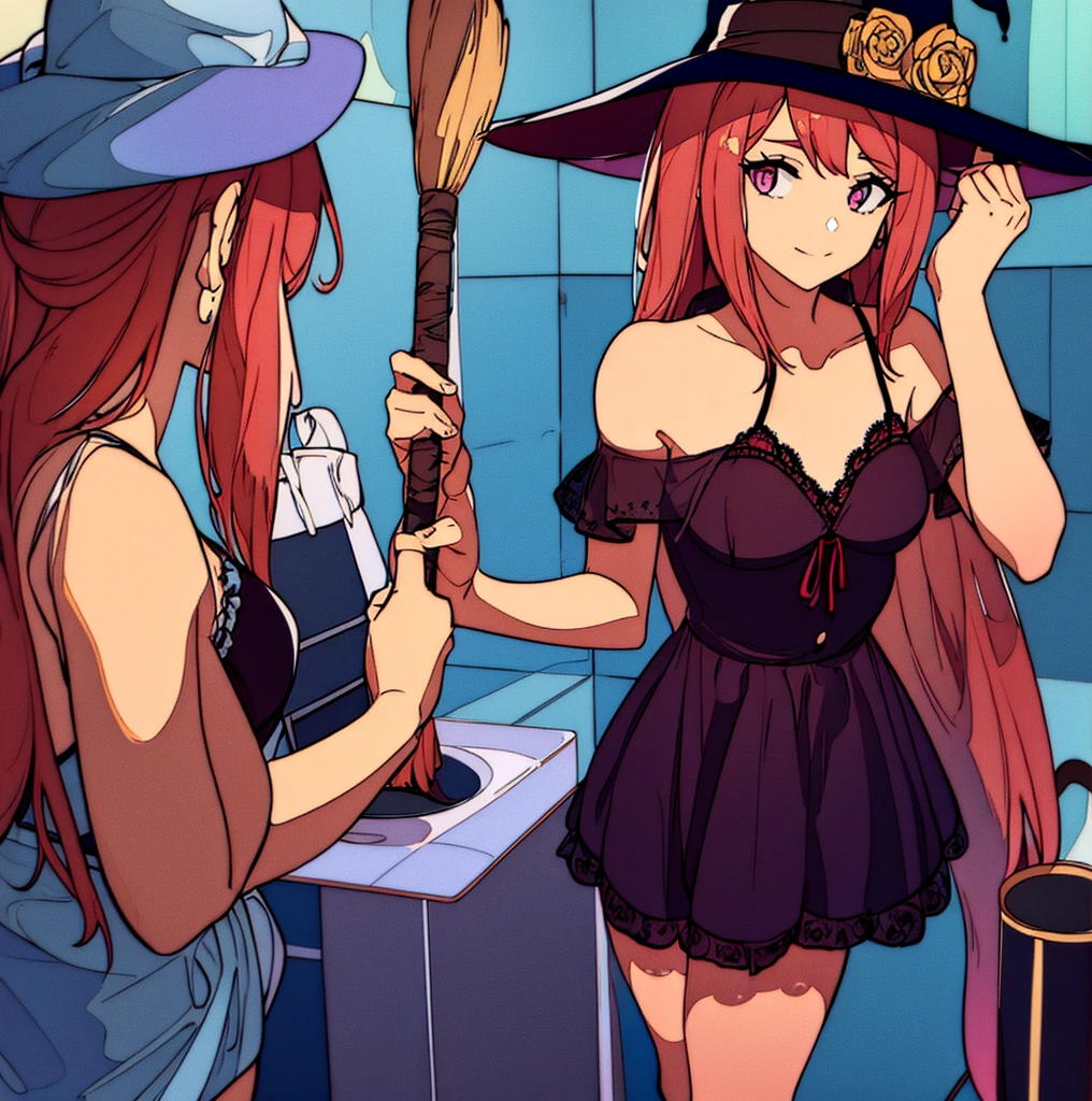 a woman is standing in a bathroom wearing a hat and holding a broom in one hand with witch hat lingerie