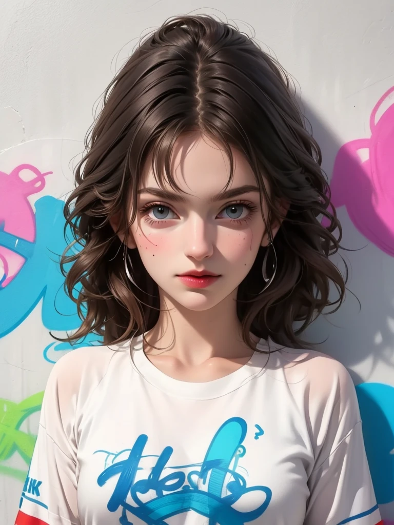 (best quality), masterpiece, Highly detailed CG 8k illustrations, Boss, extremely Boss saturation, All colors are deepened, painting, graffiti art, Center Configuration, Highly detailed light and shadow, Graffiti Wall, wall paintinged bright, A girl graffiti A girl is looking at the wall, The face and eyes are rich in detail, Medium Length Hair, Sportswear, Colored clouds、