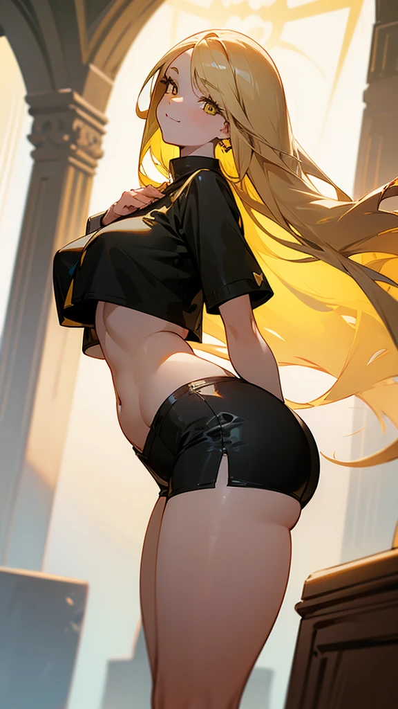 ((best quality)), ((masterpiece)), (detailed), perfect face, curvy woman, long Sun blonde hair, yellow eyes, black crop top, thick thighs and hips, soft smile, standing, booty shorts, transgender