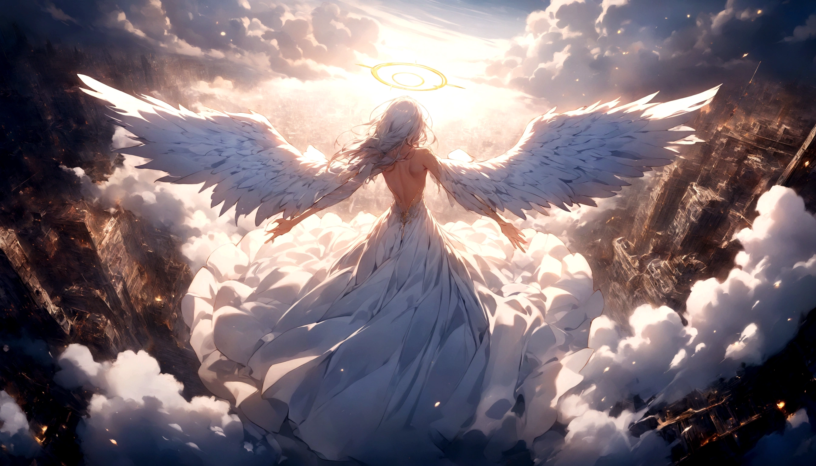 
A (back view:1.5) of a very beautiful female angel\(long platinum hair, wide-backed white dress,(big beautiful angel wing from her scapula),very beautiful shiny halo\), she is spreading her arms wide and gently as if seeking salvation, she is above the clouds looking down on the world below, a fierce war\((so many sparks and fires), missles, battle plane, many buildings collapsing, nature being destroyed, a magnificent andspectacular scenery\) is taking place below the clouds, BREAK ,quality\(8k,wallpaper of extremely detailed CG unit, ​masterpiece,hight resolution,top-quality,top-quality real texture skin,hyper realisitic,increase the resolution,RAW photos,best qualtiy,highly detailed,the wallpaper,cinematic lighting,ray trace,golden ratio\),[nsfw],dynamic angle,[nsfw],from above