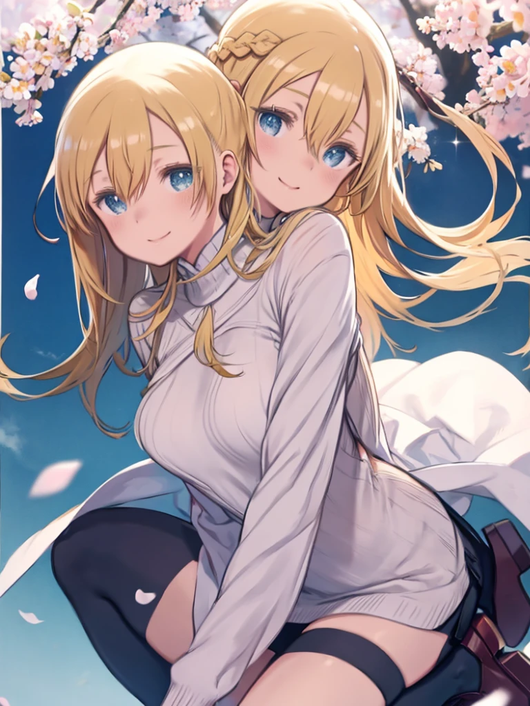 One Mature Woman、smile、Long blonde、Hair between the eyes、Braid、(Green rip sweater)、Cape、Pencil Skirt、Hair blowing in the wind、Brush your hair up、Dancing in the Wind、Petals flutter、Watching the audience、Sparkling eyes、beautiful、Flower Field、Crouching、Panty shot、panties、Angle from below、blue sky、 bend over、(Leaning forward:1.2),