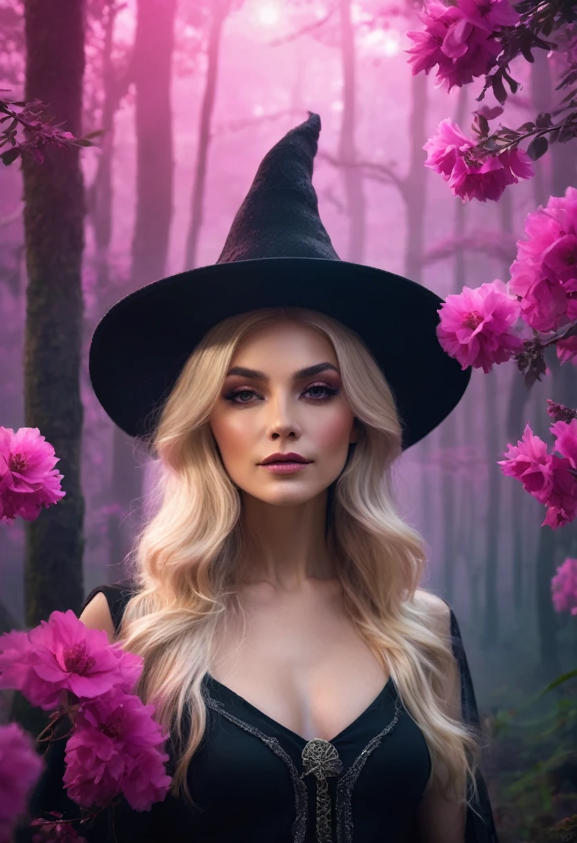 a beautiful woman blonde WITCH WITH A hat and Forest and amazing pink flowers the Style-RustMagic, Aum, (atmosfera escura:1.2), (Mist & smoke), (noite escura:1.3), Cicatrizes, (shaggy medium length dark hair:1.1), (sombra:1.1), (brilho lindamente detalhado:1.2), (cinematic lighting), detalhe intrincado, high resolution,