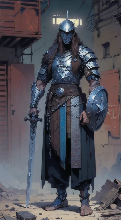 1man, giant brutish man, perfect proportions, anatomically correct, (head to toe: 2.0), (full body image: 2.0), solo, extremely stylized, masterpiece, highly detailed, detailed eyes, expressive detailed eyes, detailed pupils, futuristic, ((wearing medieval armor )), ((holding a sword and shield)), (cybernetic arms:1.4), big boots, entire body image, full body shot, large beads, (large tassels), inkpunk, paint platter, ink splatter, (action pose:1.0), ((chainmail shirt)), old warrior, long beard, ((armor shoulders))