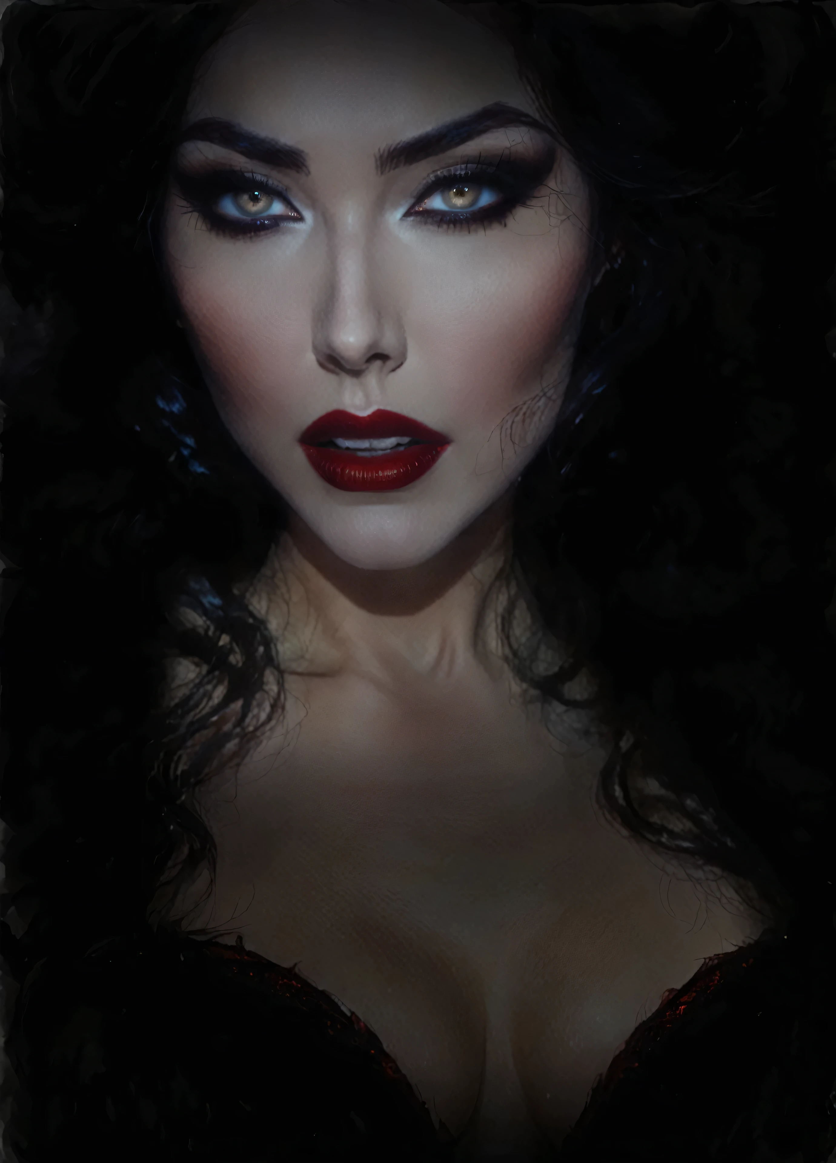 arafed woman with dark makeup and red lips in a dark room, portrait of a dark goddess, inspired by George Hurrell, dark hair and makeup, cinematic goddess close shot, sultry expression, sinister complexion, with haunted eyes and dark hair, 4 k glamour photography, portrait of megan fox as demon, vampire portrait, profile shot, portrait of a lady vampire, her mouth open with vampire fang.