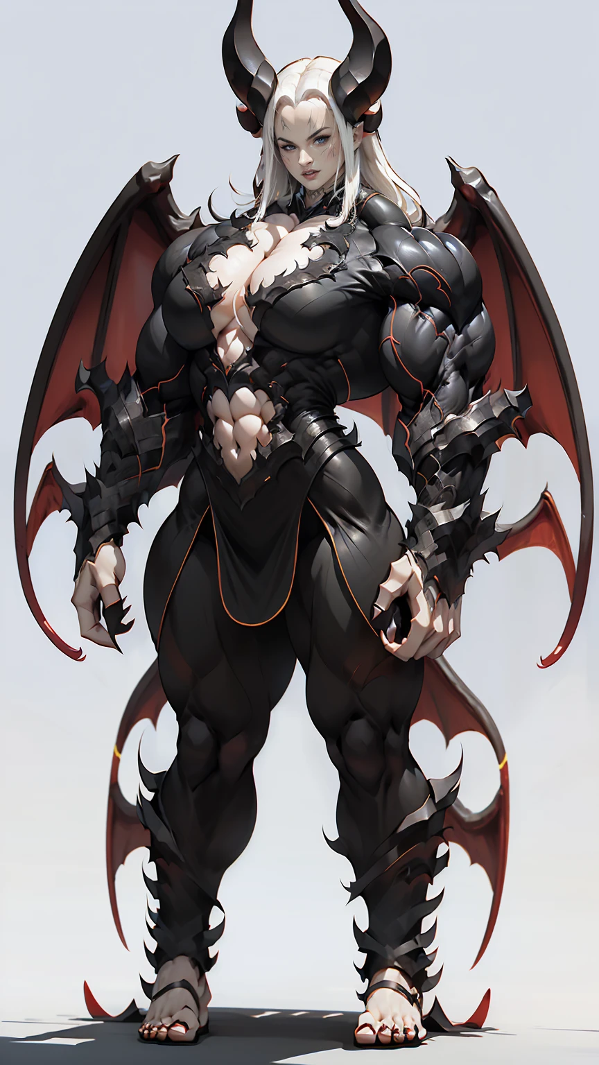(megan fox), ((((((1 muscular demon girl)))))), (((huge upper body))), long hair, ((((huge demon wings))), (((pale skin))), (((sharp teeth, Huge horns, large nails))), navel, ((((full body front view)))), (((perfect hands, perfect fingers))), (((black empty background)))