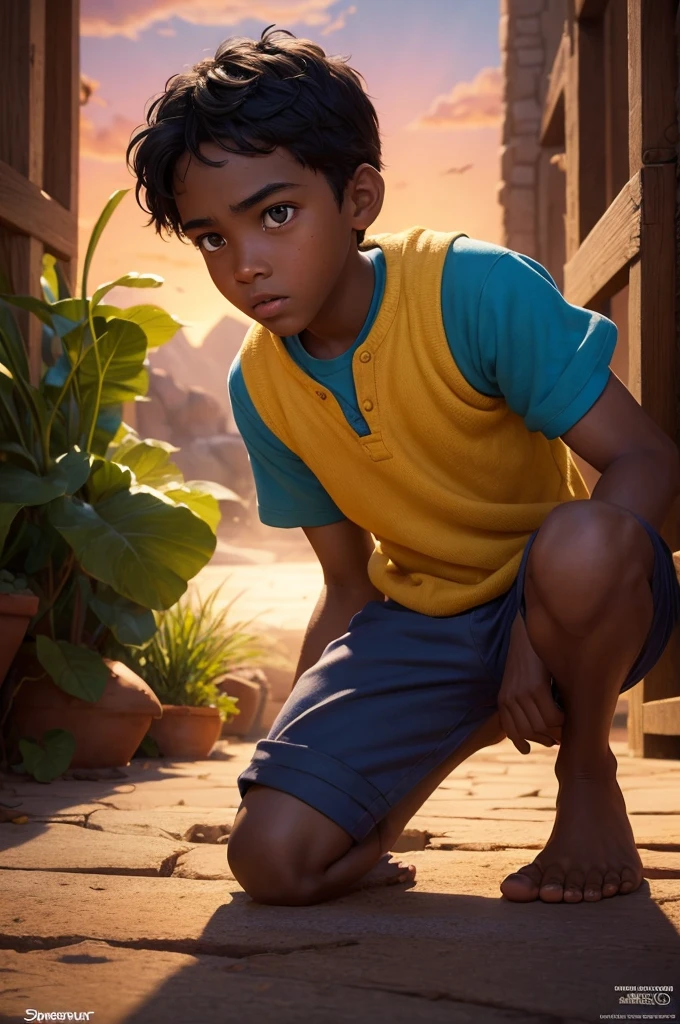 Disney pixar inspired film poster with.the scene should follow anartistic style similar to Pixar,focusing on the caracteres expressions,vibrant colors,detailed Textures and característics of their animations.A dark-skinned boy with bent knee with admiring Jesus