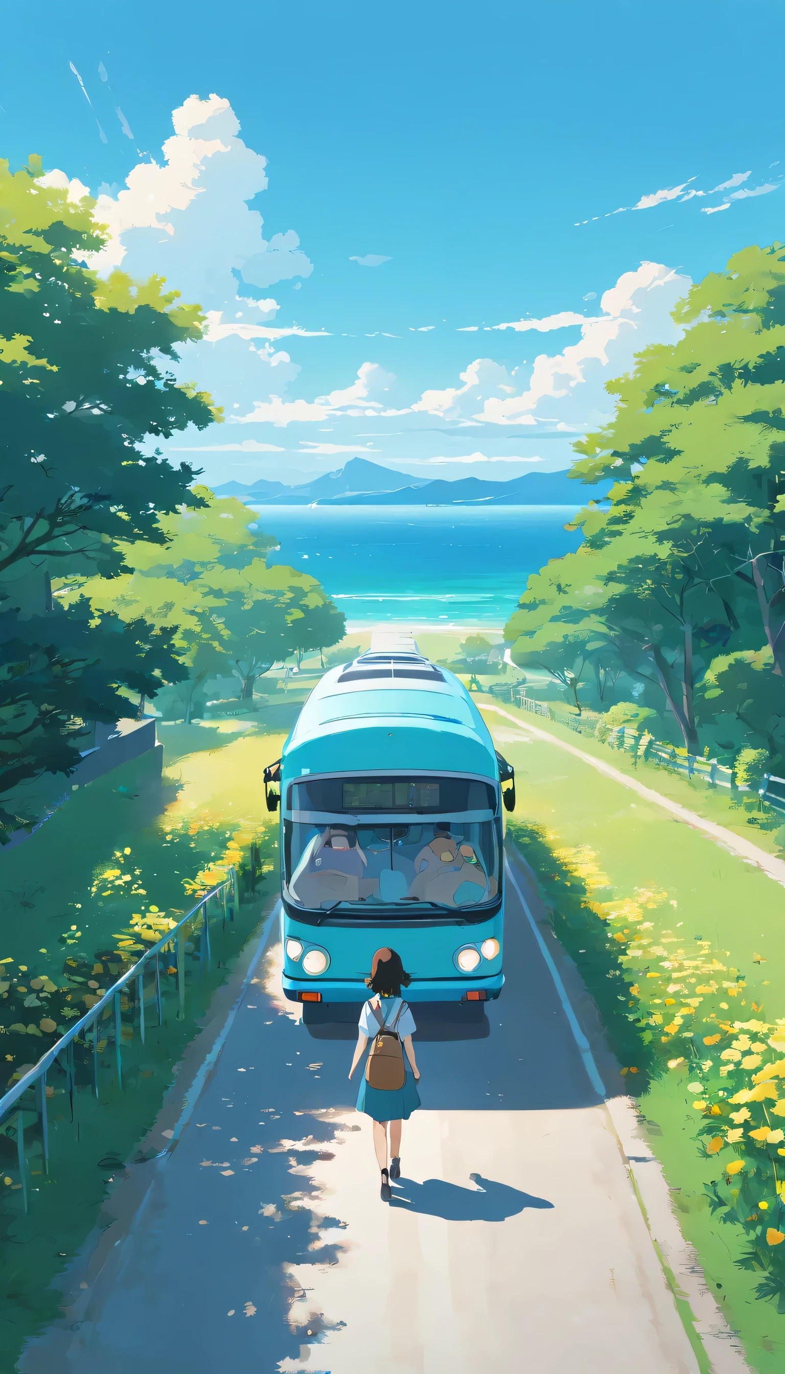 (Minimalismo: 1.4), Minibus on the road, sea view, German van, Ghibli studio art, Miyazaki, grassland with blue sky and white clouds, Matsu girl at the bus stop