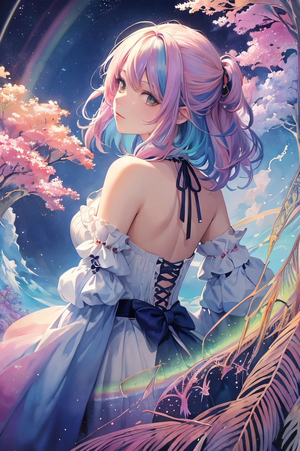 (masterpiece, highest quality, highest quality,watercolor (Moderate),Official Art, beautifully、aesthetic:1.2),(One girl:1.3), (Fractal Art:1.3),Upper Body, From the side, View Viewer,pattern,(Rainbow Hair,colorful hair,Half Blue、Half pink hair:1.2),water,liquid, cloud,colorful, Starry sky,performer,