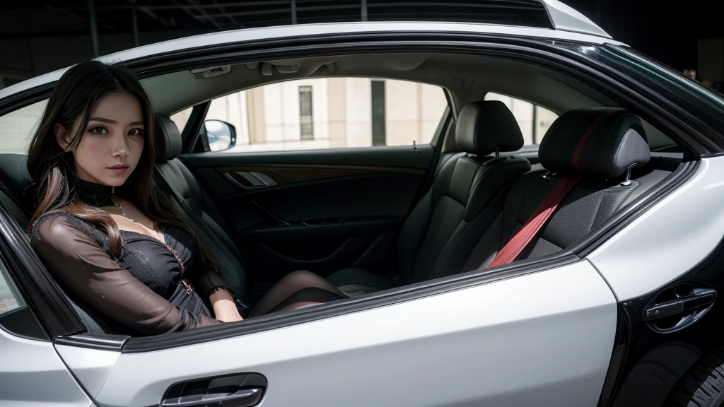 um homem de terno encostado em um carro perto de um iate e mulheres estavam entre ele, (Asian) (europeu), usa vestido vermelho, ostentando sua riqueza, estilo de vida luxuoso, propaganda de luxo, foto da capa, luxo e elite, bonito e elegante, obra-prima majestosa, marca de luxo, em um super iate