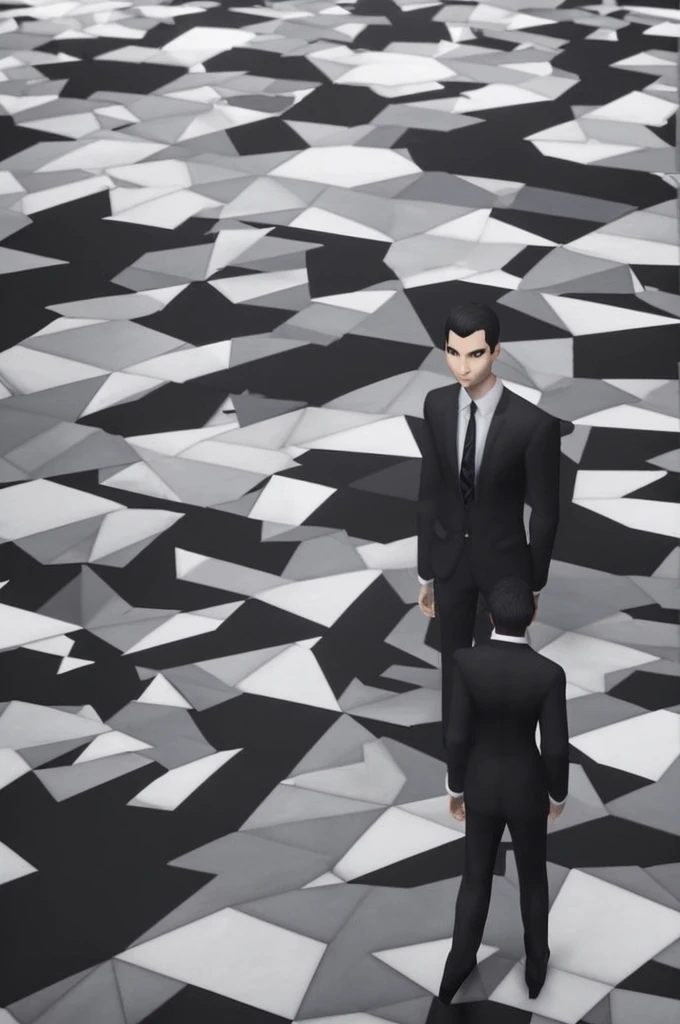1man, business suit, monochromatic, black and white, neat white hair cut, blurryface, blurred face, old playstation style game, polygonal, old manor background, lorelei and the laser eyes style, game style, plain patterns