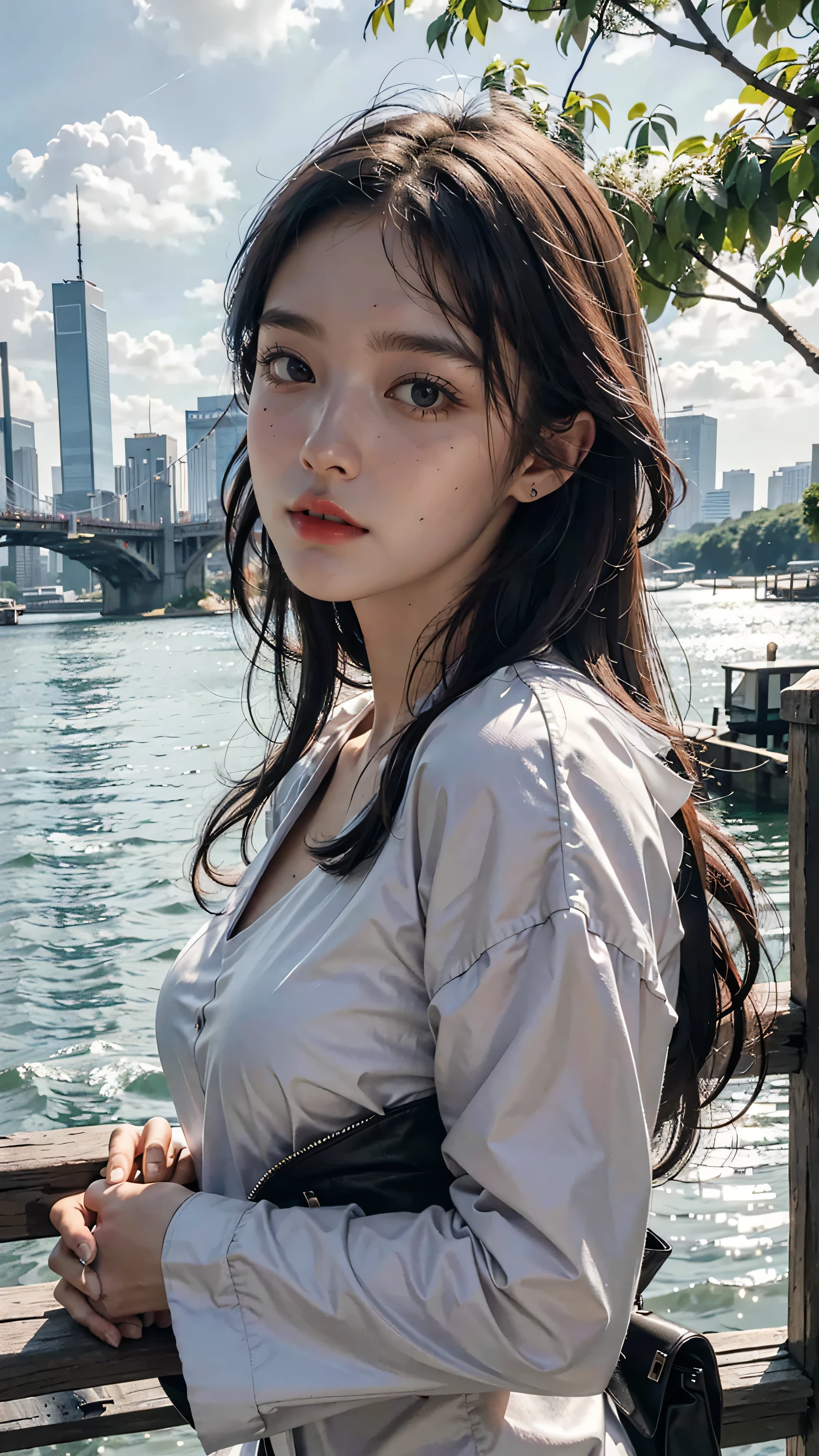 best quality, masterpiece, photo realistic, intricate details, raw photo, photon rendering, octane render, absurdres, ultra detailed, detailed face, detailed skin, trending on artstation,8k masterpiece,cinematic lighting, scenery, scenery, no humans, cityscape, sky, city, cloud, outdoors, building, sunset, city lights, bridge, river, tree, roadn, artist name,