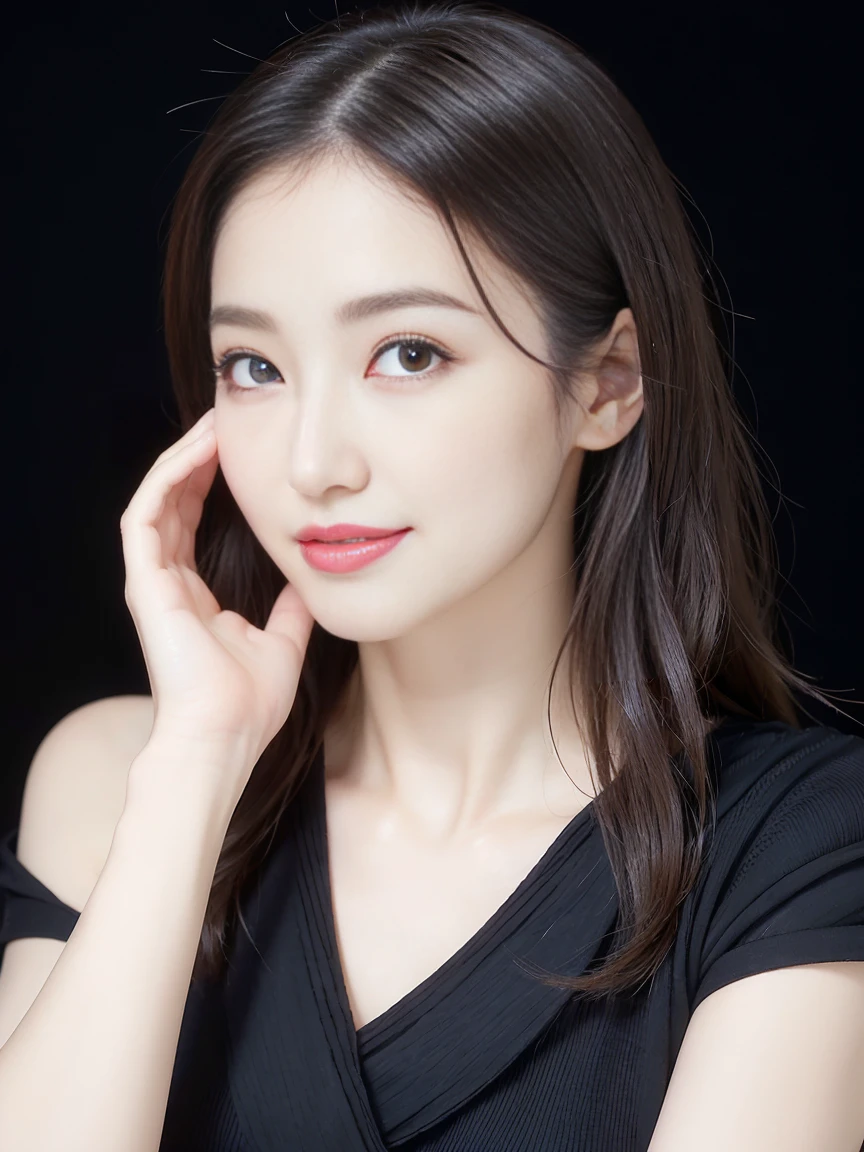 (highest quality、Tabletop、8k、Best image quality、Award-winning works)、One beautiful woman、Beautiful and elegant long hair、Beautiful black hair、(alone:1.1)、(The perfect black V-neck short-sleeve knit:1.4)、(The simplest black background:1.4)、とてもBig Breasts、Accentuate your body lines、Beautiful and exquisite、look at me、(Perfect Makeup:1.1)、Bright lipstick、Ultra-high definition beauty face、Ultra HD Hair、Ultra HD Shining Eyes、Ultra High Resolution Perfect Teeth、Super high quality glossy lip、Accurate anatomy、Very beautiful skin、Glowing skin in ultra-high resolution、An elegant upright posture when viewed from the front、(very bright and vivid:1.3)、(Slender body:1.2)、(Cleavage:1.2)、(Big Breasts:1.1)、Shiny, Bright lipstick、(Face close-up:1.2)、(58-year-old:1.4)、(Wrinkled adult face:1.5)、Randomly oriented body、(West Shot)、