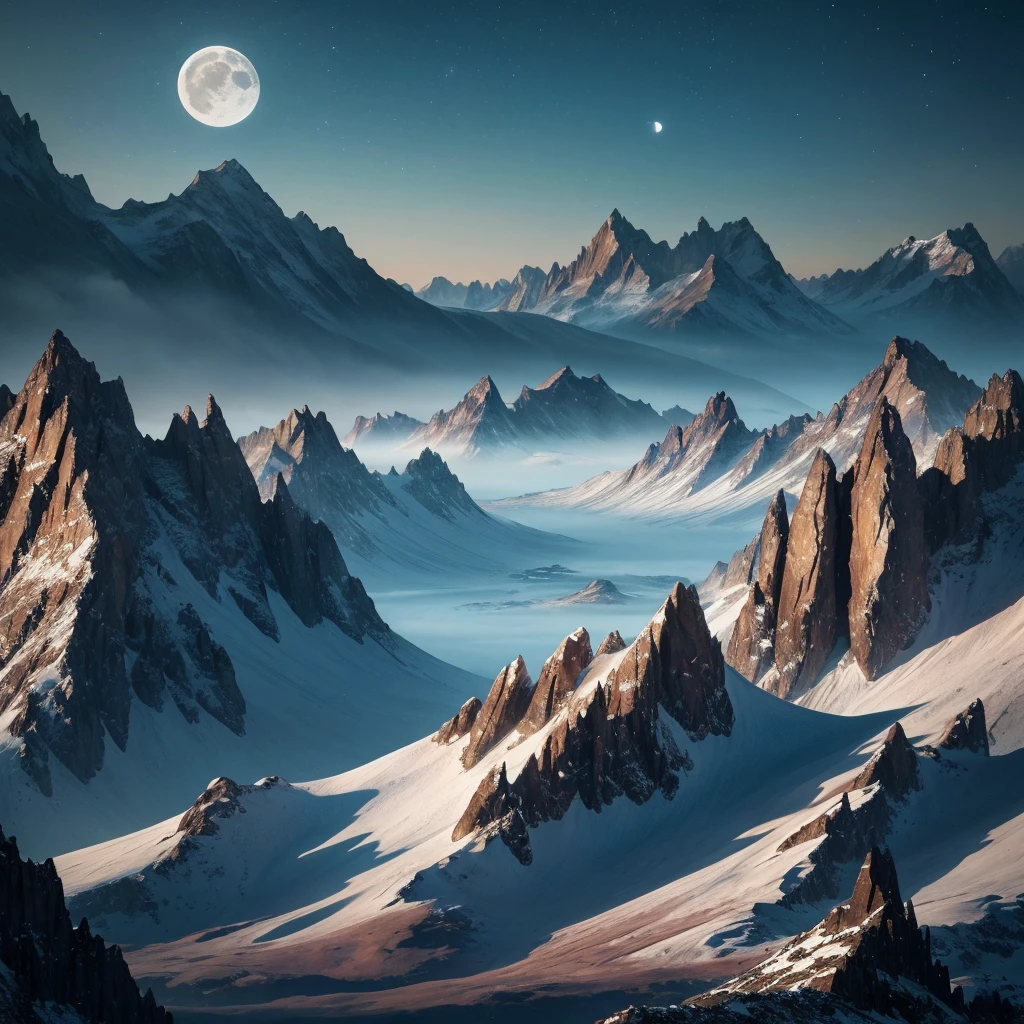 Mountain with the moon in the sky々and lakes, Highly detailed digital art in 4K, Highly Detailed 4K HD Wallpapers, Impressive and fantastic landscape, Sci-Fi Fantasy Desktop Wallpaper, Unreal Engine 4K Wallpaper, 4K Detailed Digital Art, Sci-Fi Fantasy Wallpapers, Epic dreamy fantasy landscape, 4K HD Matte Digital Painting, Amazing artwork in 8K  