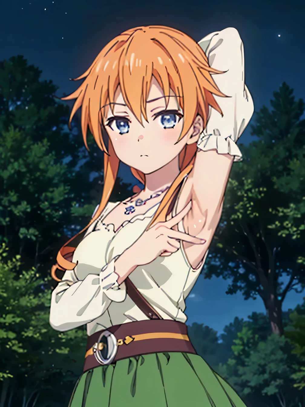 (((pixel-perfect, detail-perfect))), solo, 1girl, yuzuru yamai, white shirt, necklace, green skirt, looking at viewer, high quality, closed mouth, solo, upper body, night sky, forest, arms behind head, contrapposto, expressionless, spread armpits, looking at viewer, solo, center, sleeveless