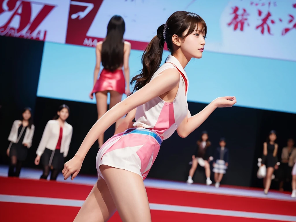 An extremely beautiful Japanese high school girl race queen who highlights her beautiful legs、Photographed walking down the runway at Wacoal's new underwear fashion show、She is an eternal idol who combines a clean look with modern charm.。 She creates such beauty。 She feels her own warmth。 She creates a warm atmosphere。 We create beauty。 That's what I want to say。 In her full body photo、The figure features porcelain-like skin and golden hair that radiates a soft glow.。 This is probably、It captured the essence of her timeless charm.、This is the best shot ever.。 Each straight line and curve is carefully expressed.、Breathtakingly beautiful with impeccable detail。 This piece perfectly captures her timeless beauty.。 Divine Proportions、Sharp focus、Full-body photo taken by Kishin Shinoyama、high quality、High resolution、More details