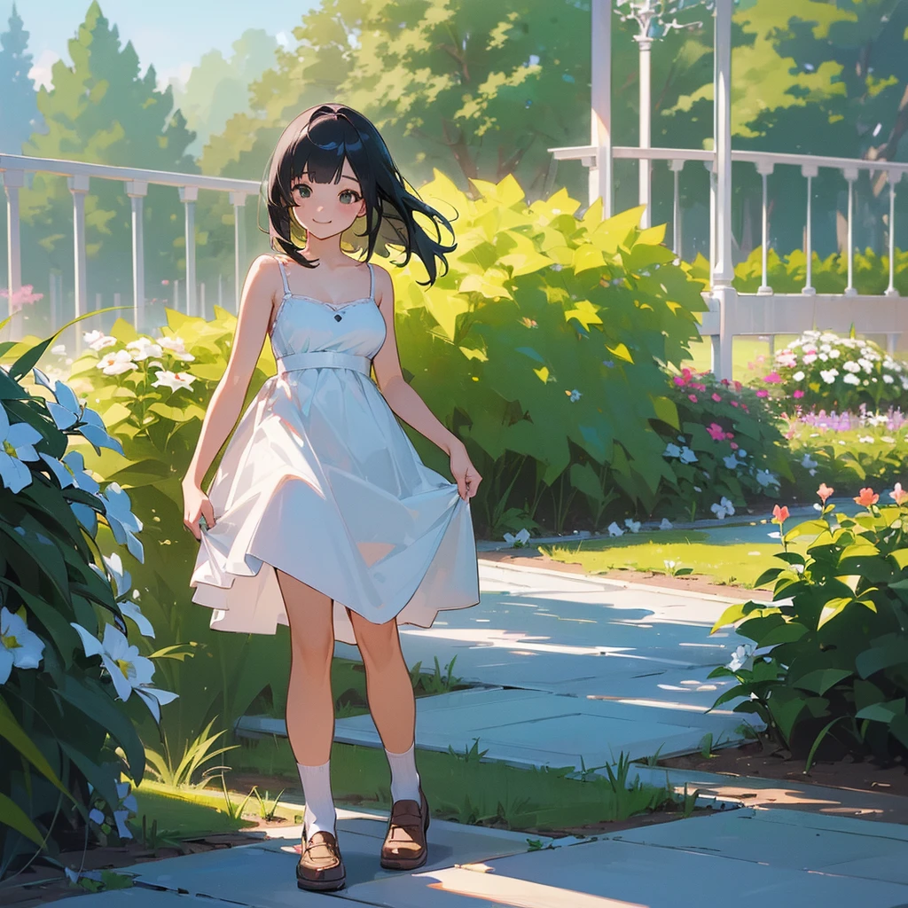 (high quality, High resolution, Very detailed, reality:1.37), Peaceful atmosphere, (Outdoor, garden), Teenage girl standing alone, (my breasts are big.), Beautiful details, Cute Smile, (Black bob hair), White camisole dress, White socks, loafers.