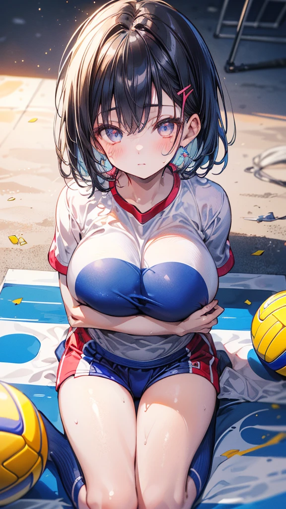 (Best quality, 8k, 32k, Masterpiece, UHD,:1.2), RAW, 1girl,ultra cute , natural lighting,transparent shining eyes, 20yo, large breast ,fair complexion, large breast, short grayish hair, flushed face, shiny, volleyball uniform, at gym, sweat, hugging a ball, from above