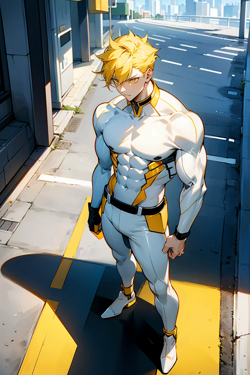 1male , Muscular , Adult Male , Pale Skin , Yellow Eyes , Pale Blue Hair , Yellow Highlighted Hair , Serious Expression , Modern city background , Standing on sidewalk