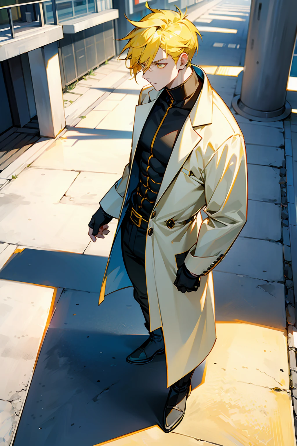1male , Muscular , Adult Male , Pale Skin , Yellow Eyes , Pale Blue Hair , Yellow Highlighted Hair , Serious Expression , Modern city background , Standing on sidewalk