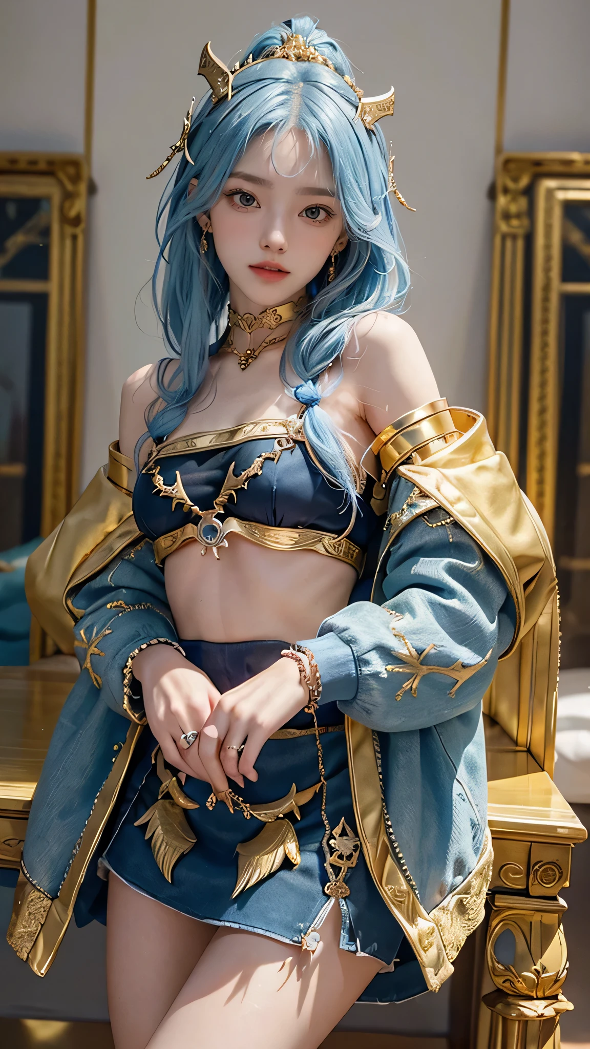 (masterpiece, best quality),  intricate details,, 1girl,     Gura, multicolored hair, blue eyes, shark hair ornament, gold hair ornament, gold choker, gold bracelet, sharp teeth, grin, blue hoodie,,  greek clothes, peplos,